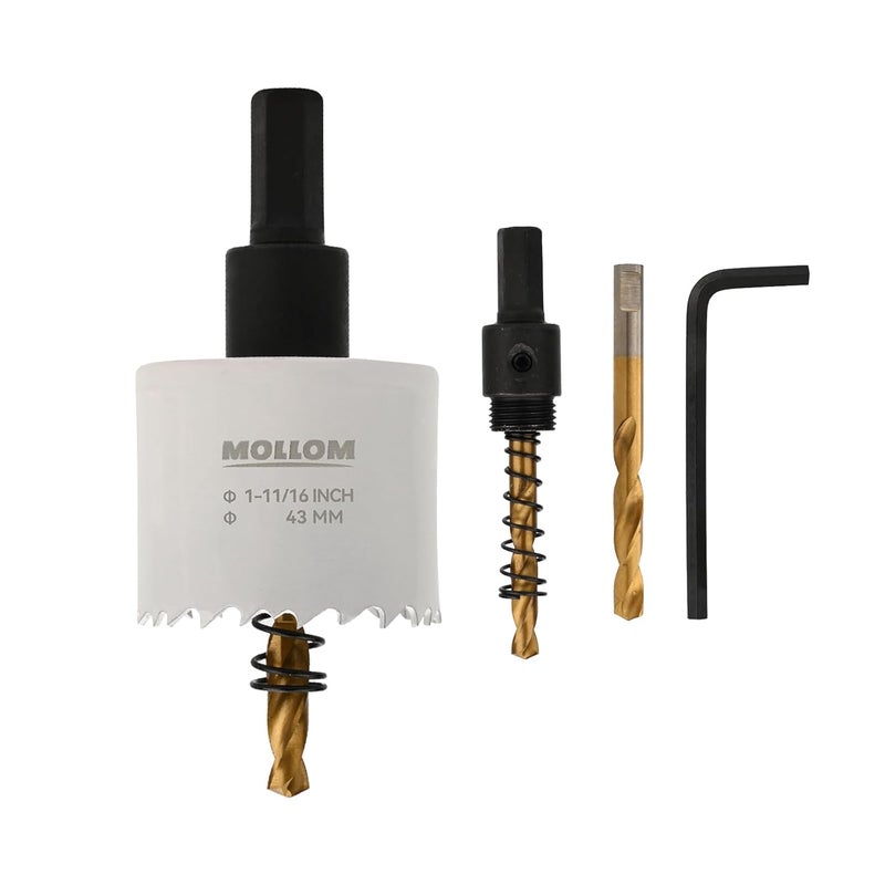 Mollom (43mm | 1-11/16") HSS M42 with 8% Cobalt BI-Metal Hole Saw with 2 Pilot Drill Bits & Arbor Smooth Cutting for PVC,Drywall,Wood,Plastic,Gypsum Board,Rubber - Image 1